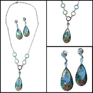 Rainbow Teardrop Silver Aurora Borealis Crystal Necklace and Earring Set